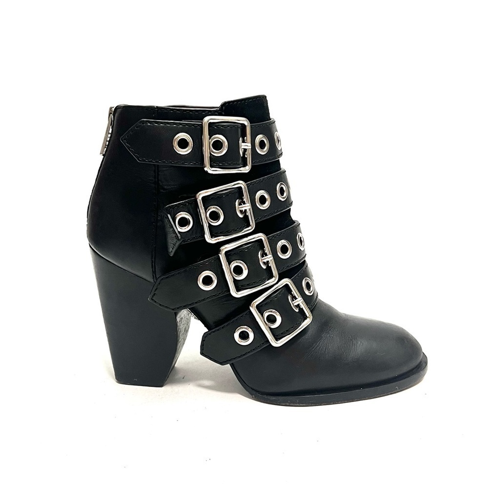 Vintage Y2K black leather strappy buckle heeled dominatrix ankle boots